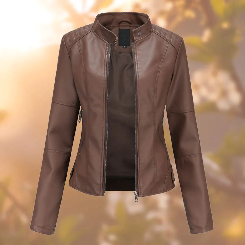 Audrey Women's Leather Jacket – Slim Fit Zip-Up Biker Jacket for Spring & Autumn