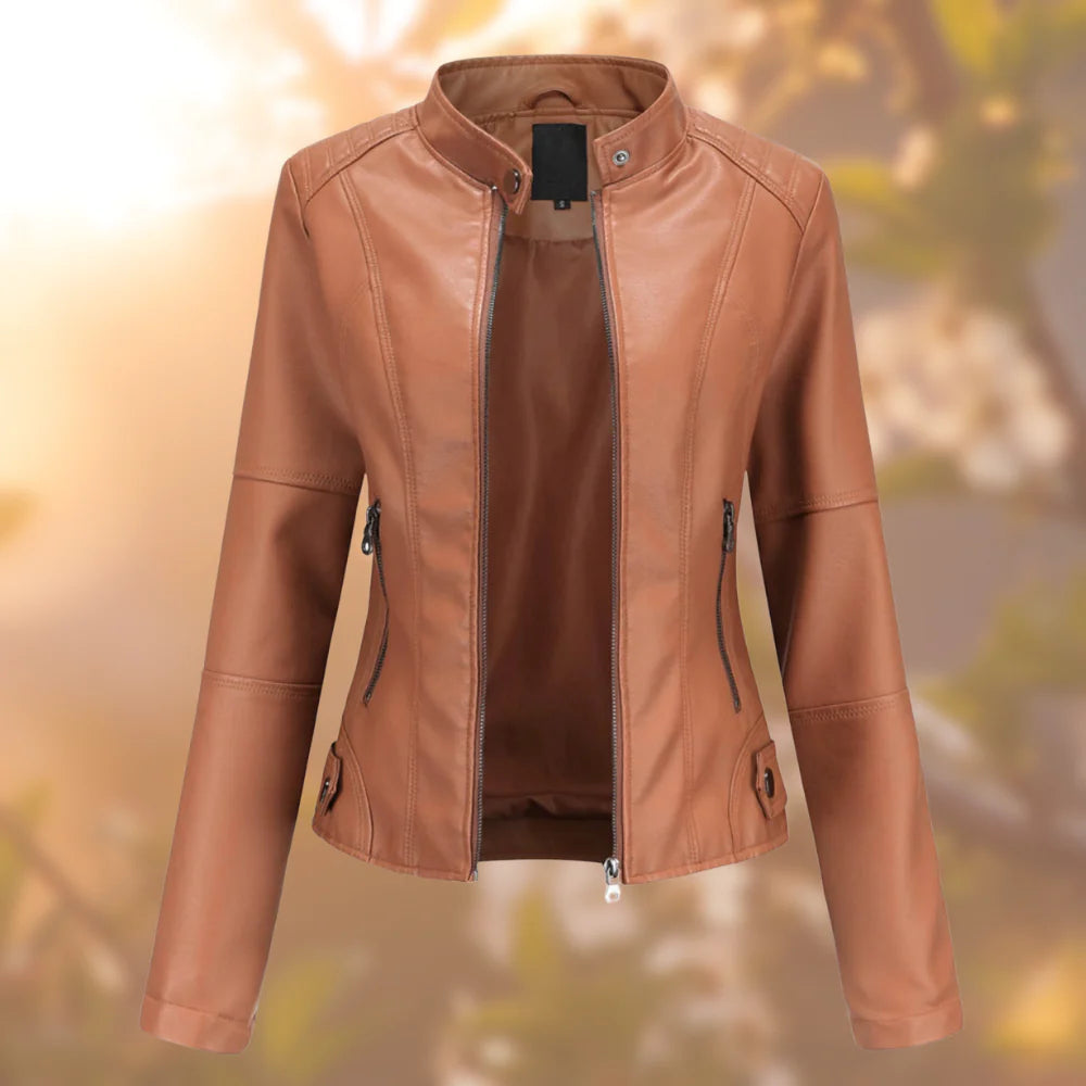 Audrey Women's Leather Jacket – Slim Fit Zip-Up Biker Jacket for Spring & Autumn