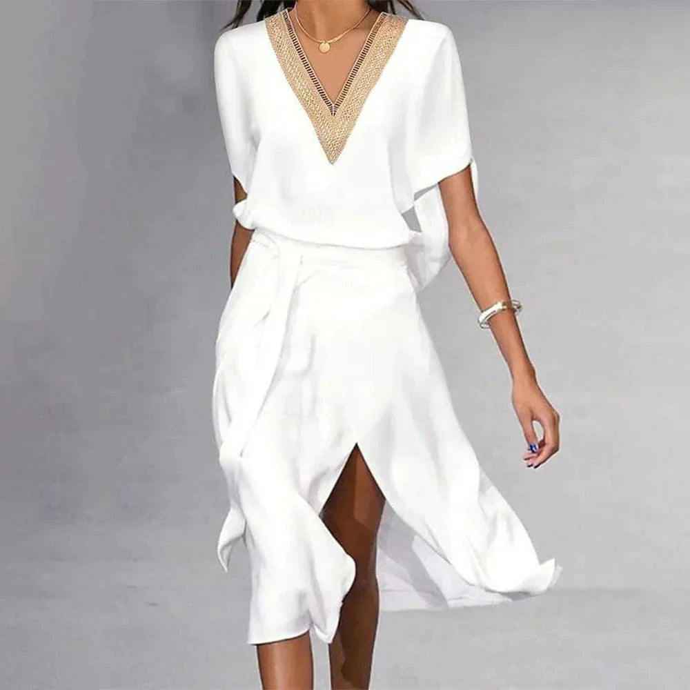 Elowen Women's White Midi Dress – Elegant V-Neck Dress with Timeless Minimalist Style