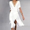 Isabella Women’s Midi Dress – Elegant White V-Neck Dress with Minimalist Fit