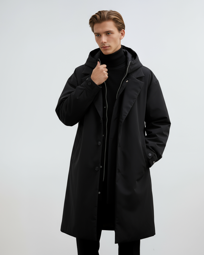 Harrison Men's Hooded Trench Coat – Long Tailored Overcoat with Zip & Button Closure