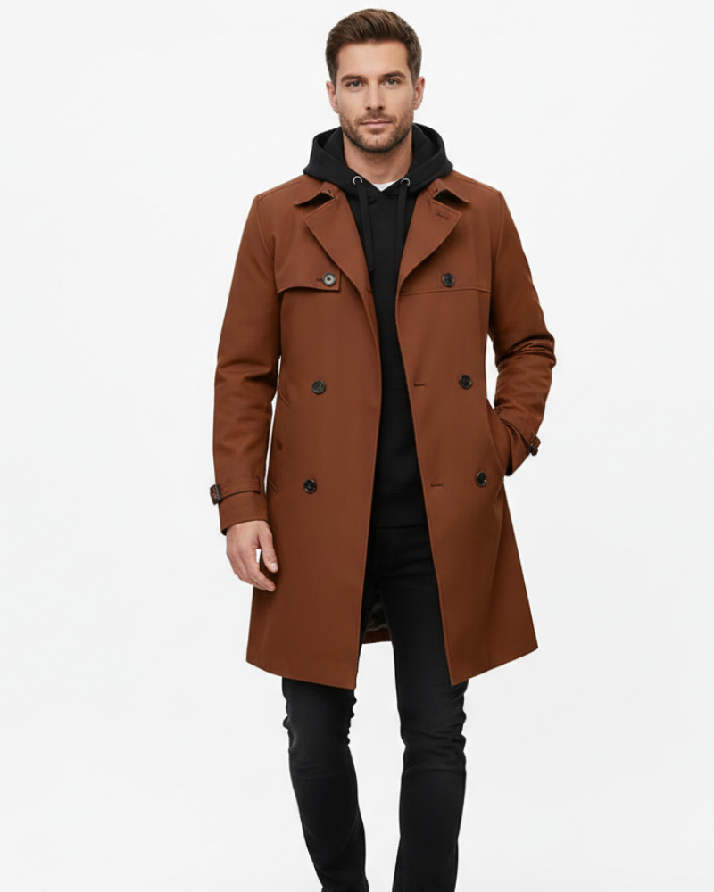 Evander Men's Double-Breasted Trench Coat – Classic Belted Overcoat with Notch Lapel & Tailored Fit