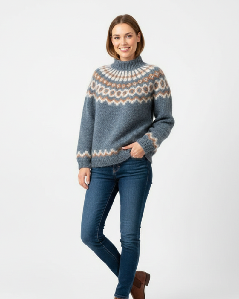 Alora Women's Icelandic Mohair Knit Sweater with Nordic Pattern & Relaxed Fit