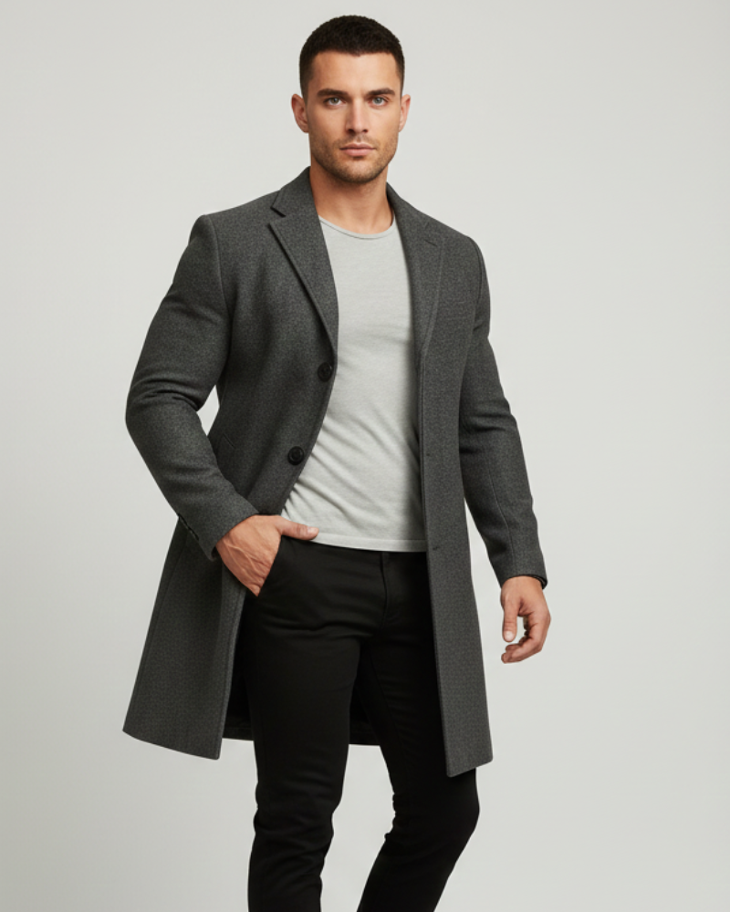 Preston Men's Long Winter Coat – Wind-Resistant Single-Breasted Overcoat with Classic Lapel