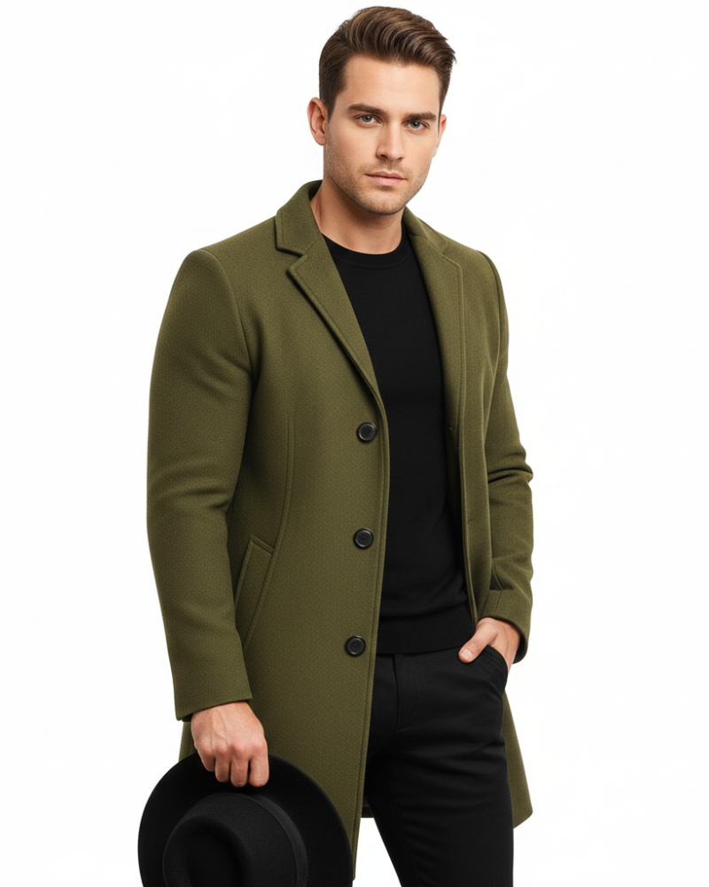 Preston Men's Long Winter Coat – Wind-Resistant Single-Breasted Overcoat with Classic Lapel
