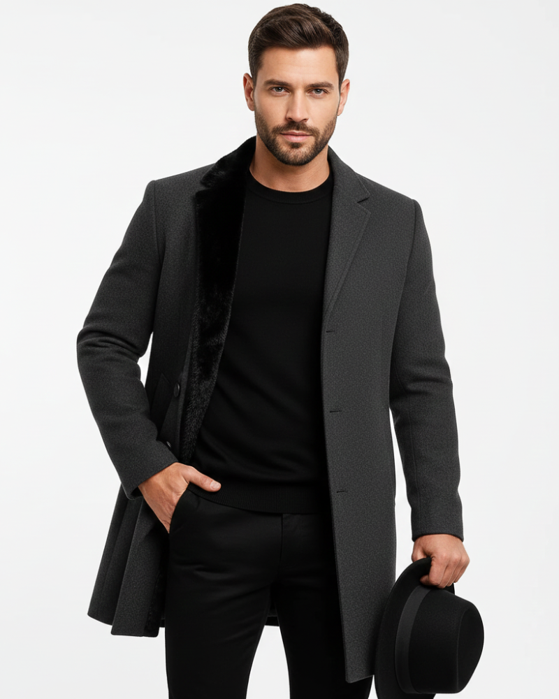 Ian Men’s Winter Coat – Long Windproof Overcoat with Classic Lapel & Regular Fit