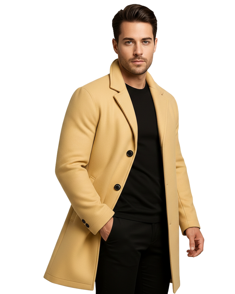 Preston Men's Long Winter Coat – Wind-Resistant Single-Breasted Overcoat with Classic Lapel