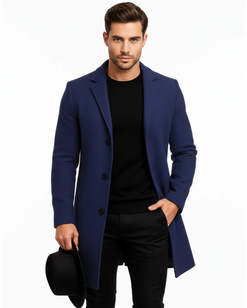 Preston Men's Long Winter Coat – Wind-Resistant Single-Breasted Overcoat with Classic Lapel