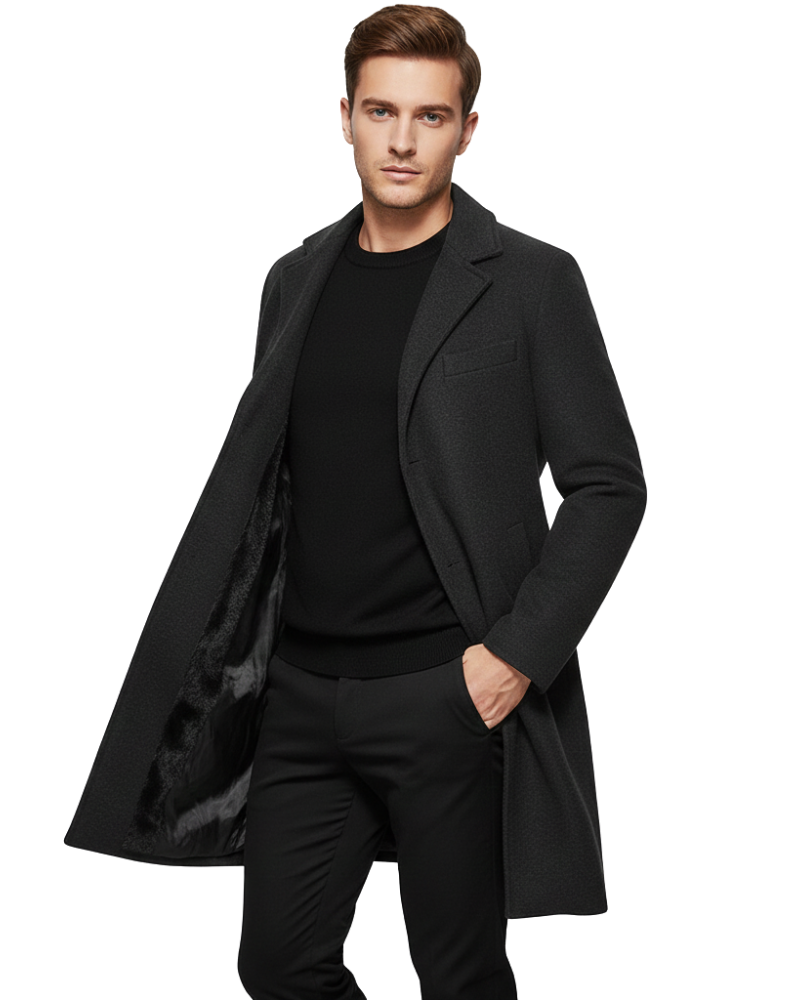 Preston Men's Long Winter Coat – Wind-Resistant Single-Breasted Overcoat with Classic Lapel