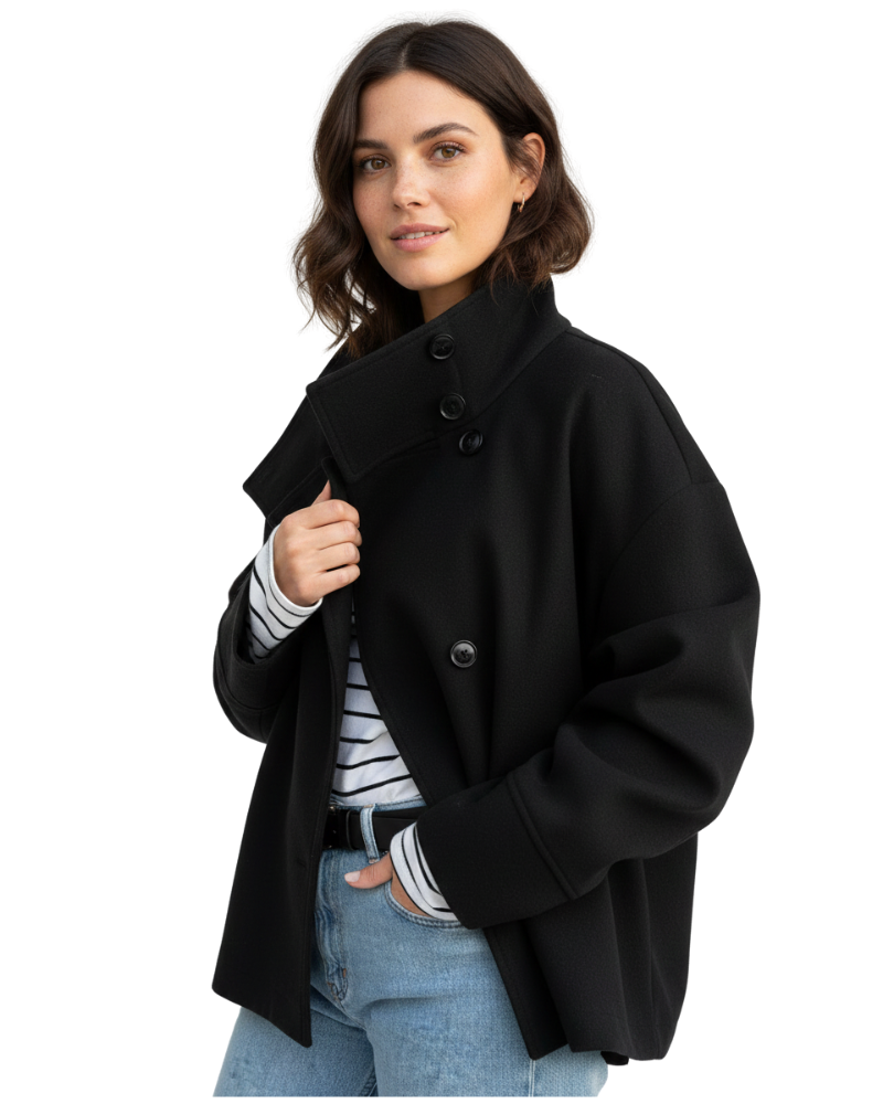 Juliette Women's Cropped Stand Collar Jacket – Elegant Button-Front Autumn Coat