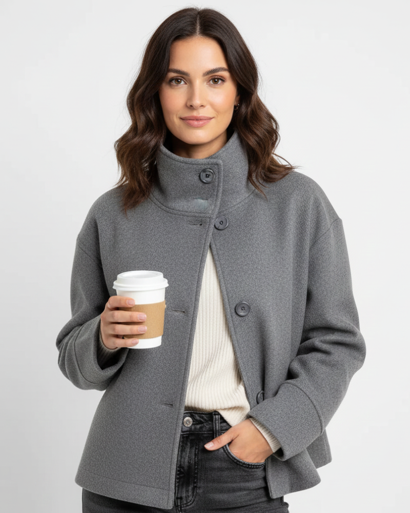 Juliette Women's Cropped Stand Collar Jacket – Elegant Button-Front Autumn Coat