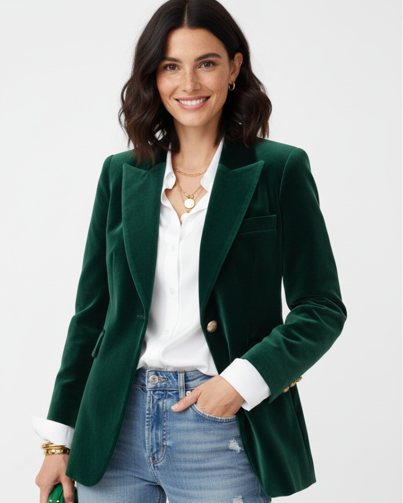Vivienne Women's Velvet Blazer – Elegant Green Jacket with Gold Buttons & Tailored Fit