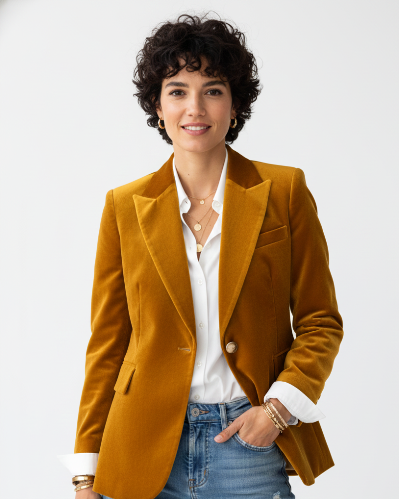 Vivienne Women's Velvet Blazer – Elegant Green Jacket with Gold Buttons & Tailored Fit
