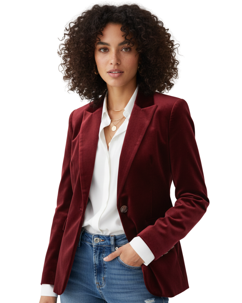 Connor Velvet Blazer for Women – Chic Green Jacket with Gold Buttons & Sophisticated Fit