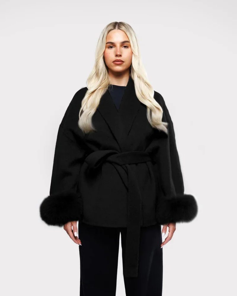 Klara Women's Luxe Winter Coat – Elegant Belted Coat with Faux Fur Sleeves