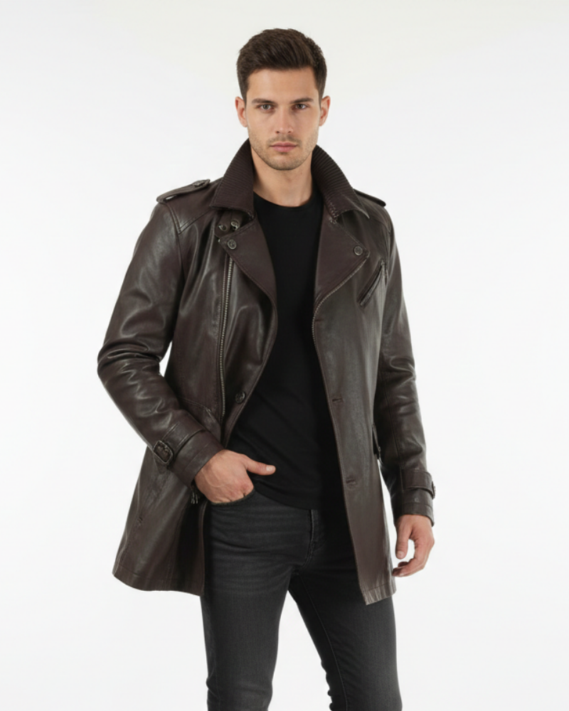 Ansel Men's Long Leather Coat with Regular Fit for Classic Winter Style