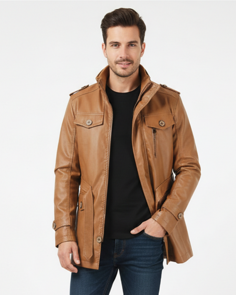 Ansel Men's Long Leather Coat with Regular Fit for Classic Winter Style