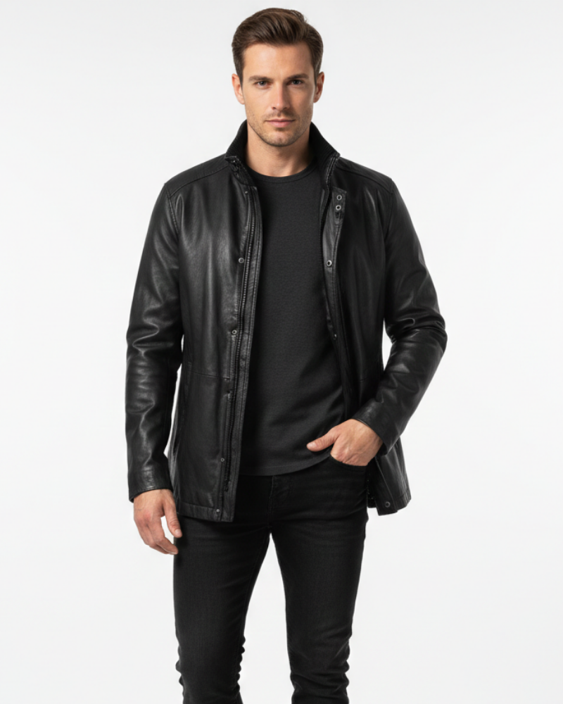 Ansel Men's Long Leather Coat with Regular Fit for Classic Winter Style