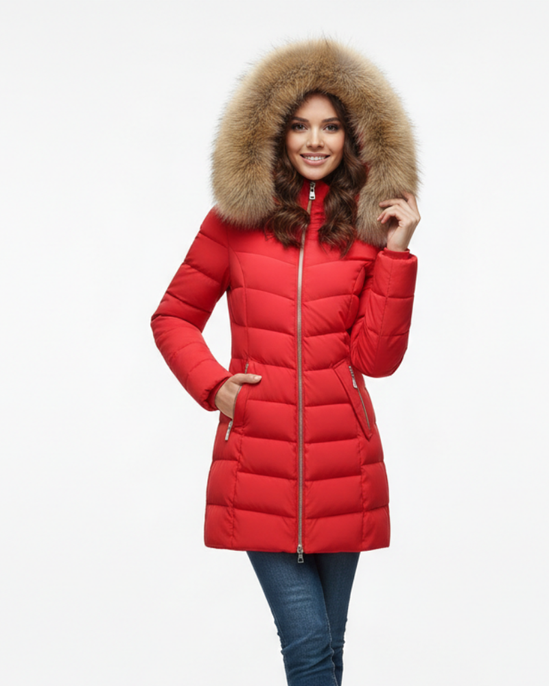 Anne Women’s Puffer Jacket – Chevron Quilted Winter Coat with Faux Fur Hood