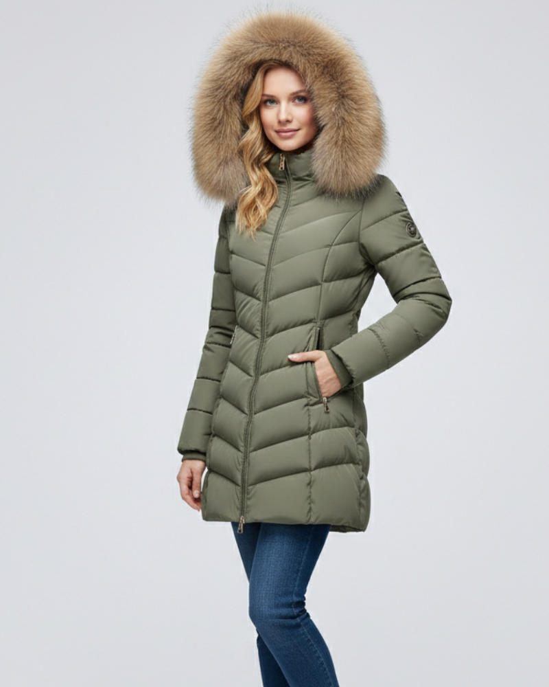 Anne Women’s Puffer Jacket – Chevron Quilted Winter Coat with Faux Fur Hood