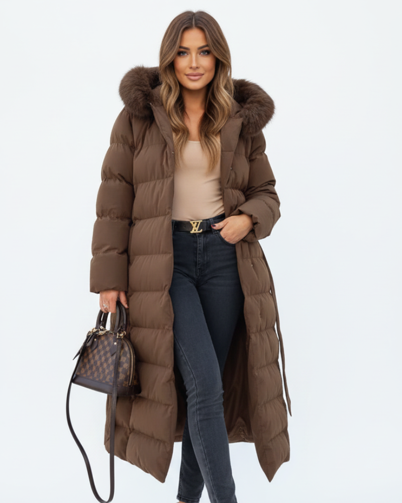 Aurora Women's Long Winter Coat – Water-Resistant Hooded Puffer with Elegant Silhouette