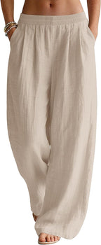Seraphina Linen Blend Wide Leg Summer Trousers with Elastic Waist and Side Pockets