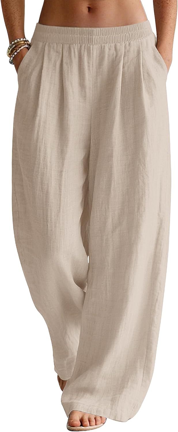 Seraphina Linen Blend Wide Leg Summer Trousers with Elastic Waist and Side Pockets