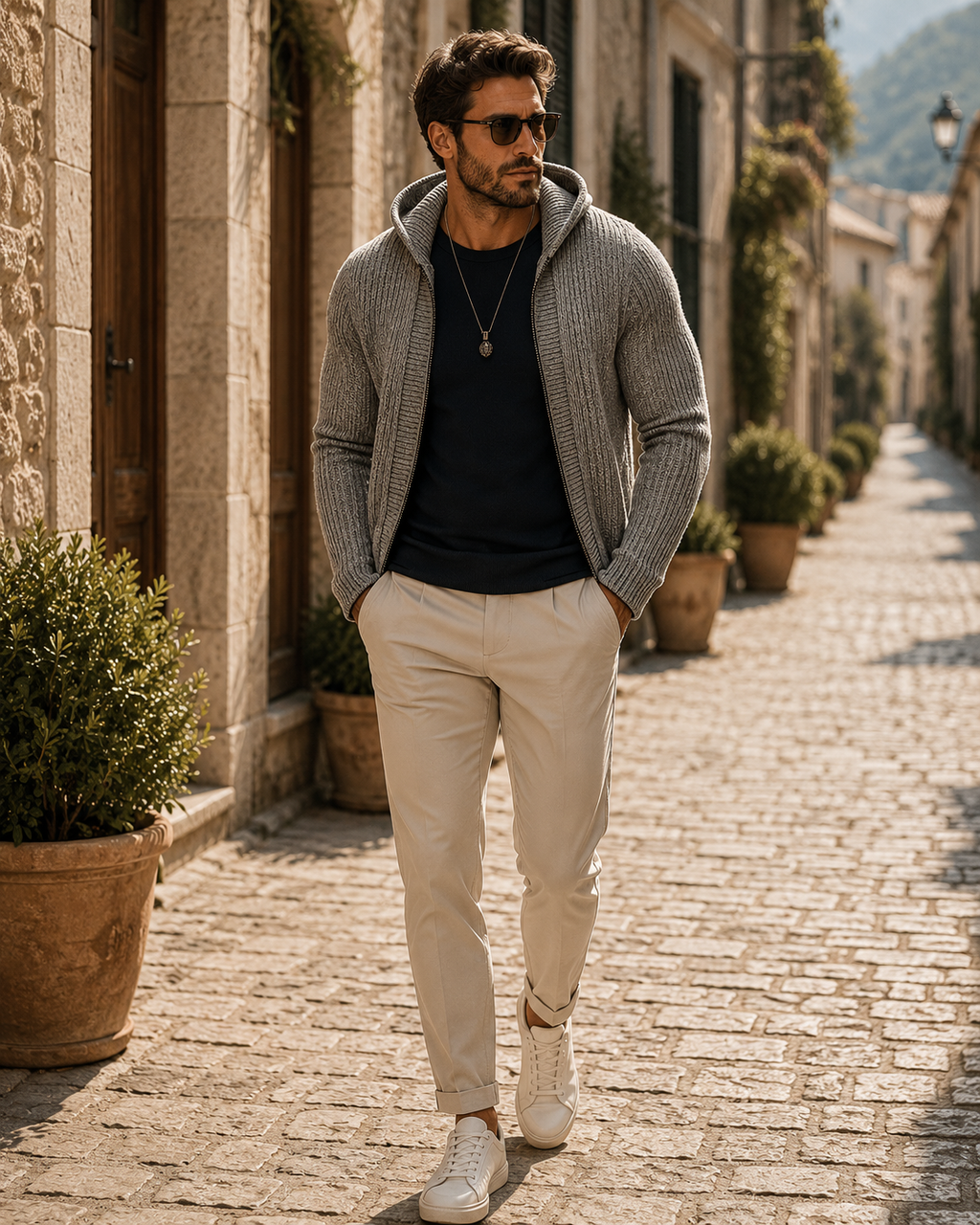 Carys Men's With Hood Knit Cardigan – Fitted Silhouette, Zip-Up Front & Solid Colour