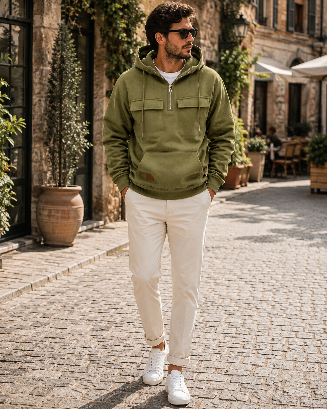 Angela Men's Utility Hoodie – Heavyweight Sueded Fleece with Cargo Handy Pockets & Half-Zip