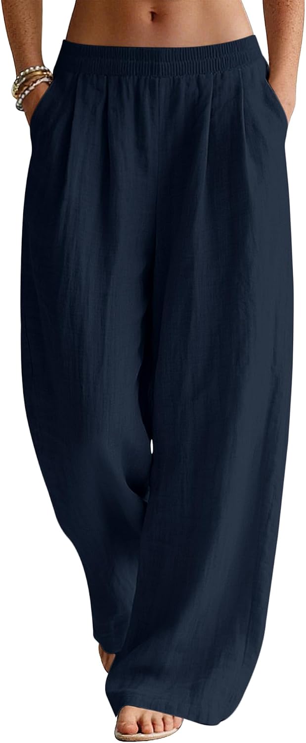 Seraphina Linen Blend Wide Leg Summer Trousers with Elastic Waist and Side Pockets