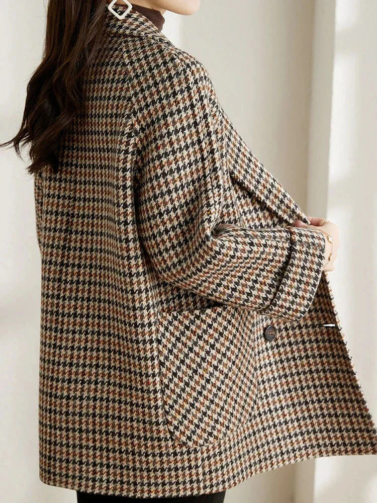 Audrey Women’s Checked Blazer Jacket – Oversized Double-Breasted Vintage Coat