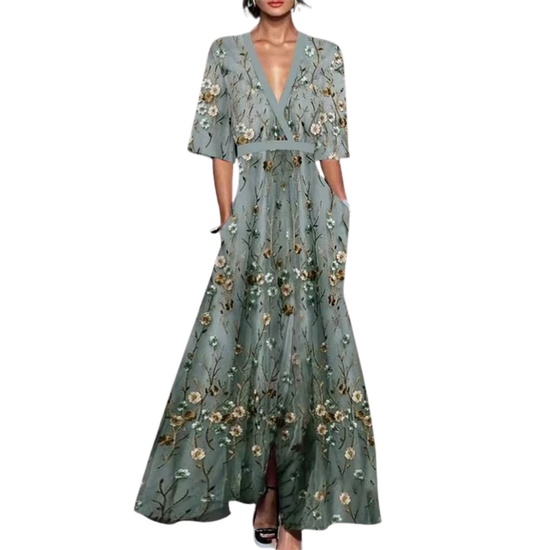 Tahlia Women's Floral Spring Dress with V-Neck, Waist Belt & Flared Skirt