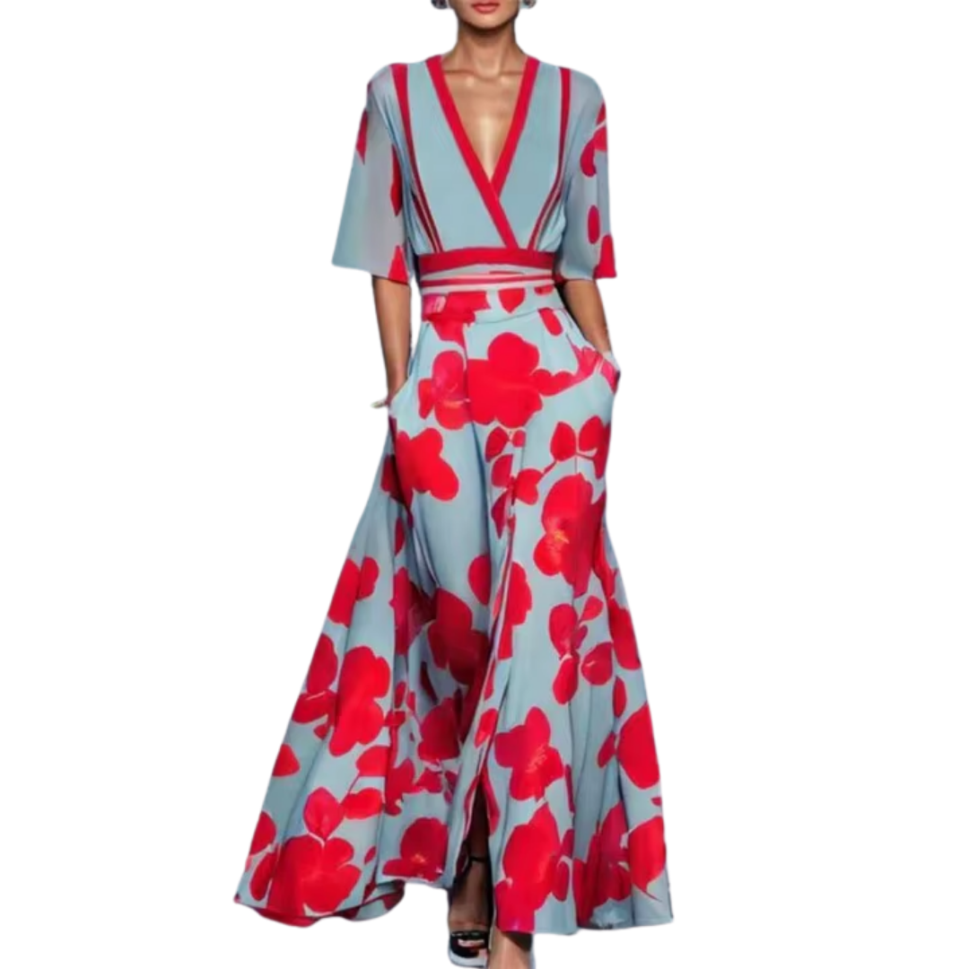 Tahlia Women's Floral Spring Dress with V-Neck, Waist Belt & Flared Skirt