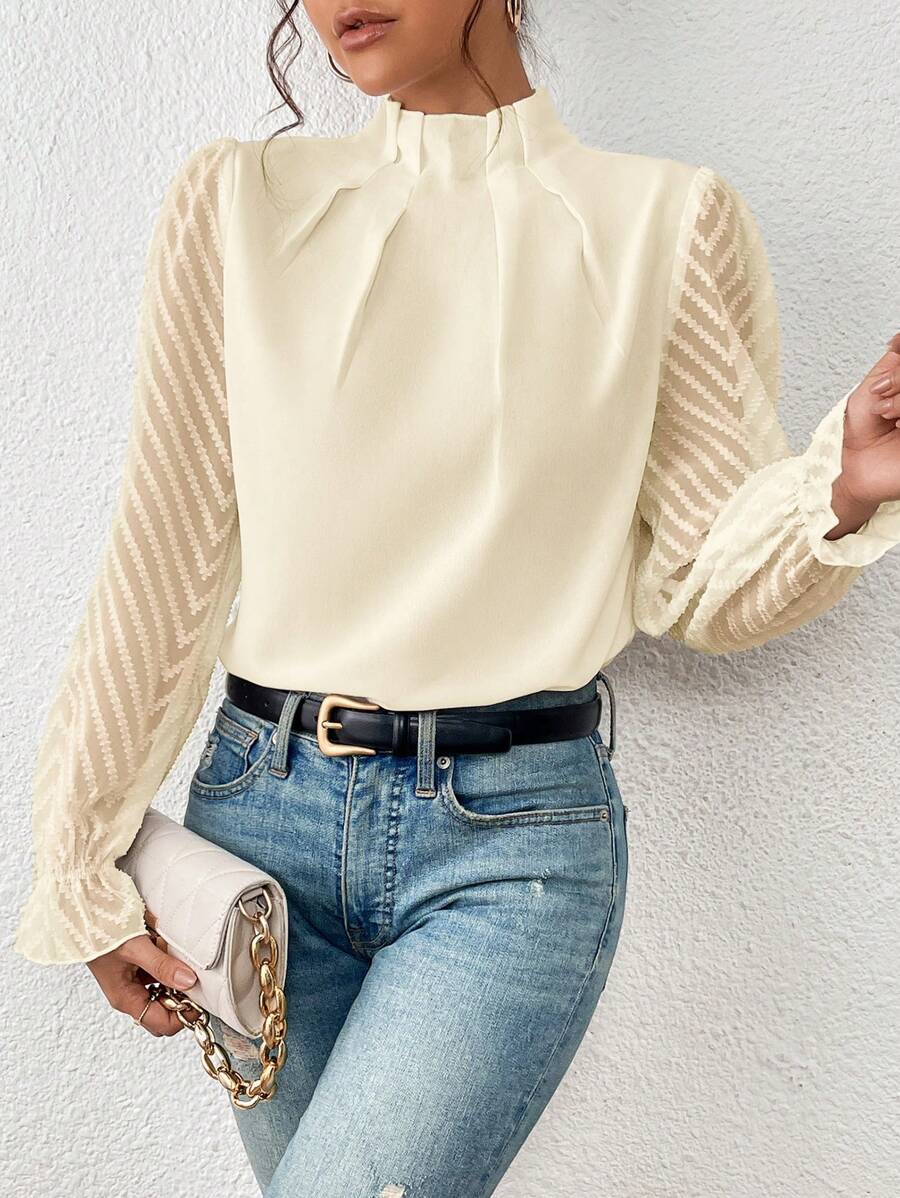Celeste Women's Elegant Blouse – High Neck Top with Sheer Patterned Sleeves