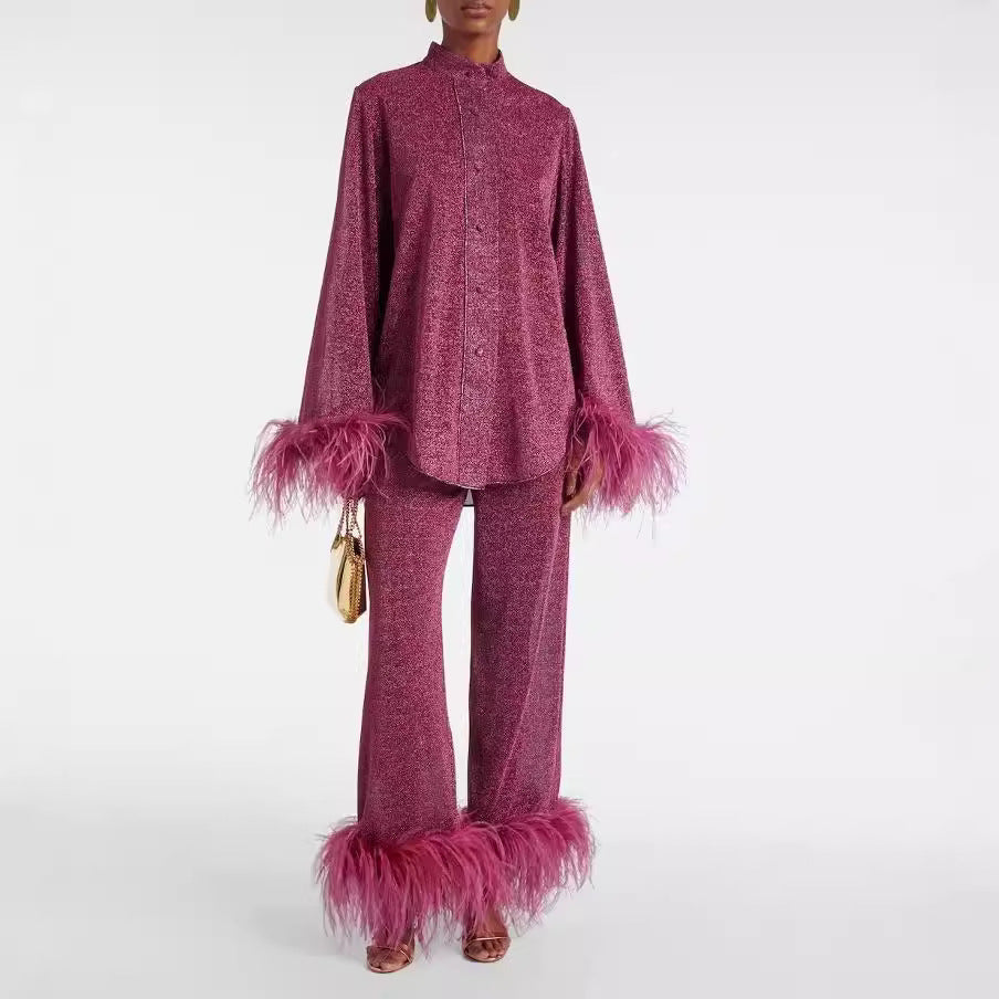 Alora Women's Two-Piece Set – Elegant Feather Collar Top with Wide-Leg Pants & Relaxed Fit