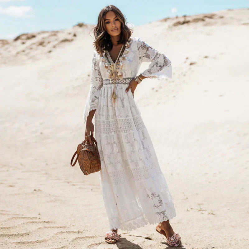 Iris Women's Dress – Full-Length Sleeves, Flowing Silhouette & Artsy Boho Accents