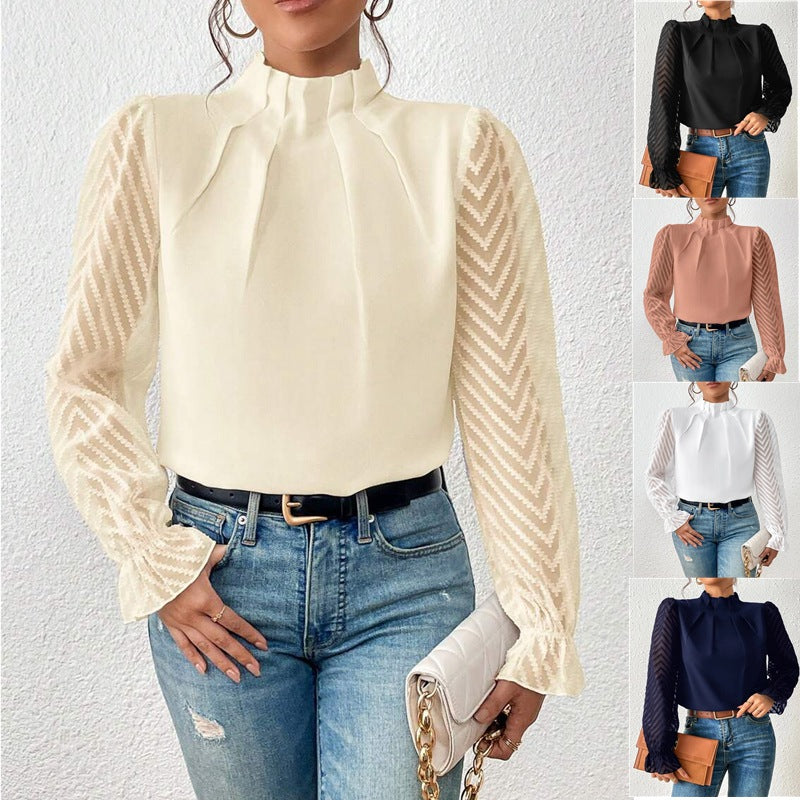 Celeste Women's Elegant Blouse – High Neck Top with Sheer Patterned Sleeves