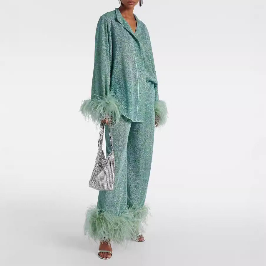 Alora Women's Two-Piece Set – Elegant Feather Collar Top with Wide-Leg Pants & Relaxed Fit