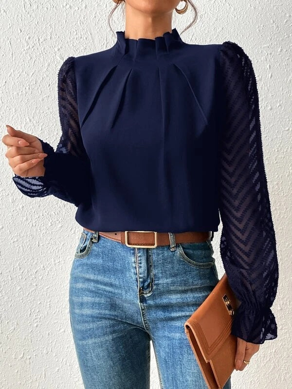 Celeste Women's Elegant Blouse – High Neck Top with Sheer Patterned Sleeves