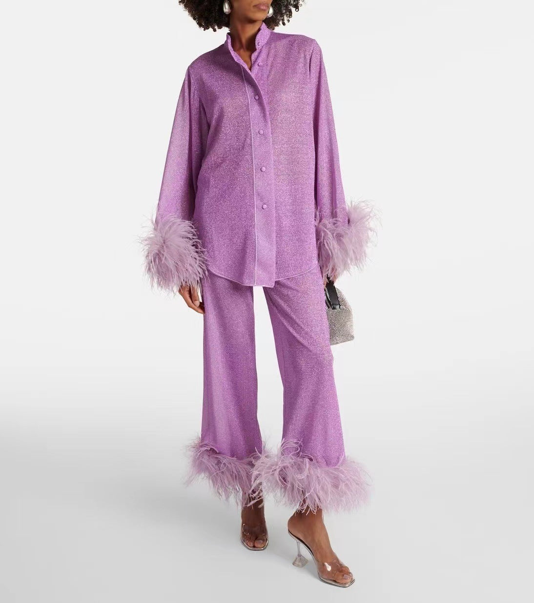 Alora Women's Two-Piece Set – Elegant Feather Collar Top with Wide-Leg Pants & Relaxed Fit