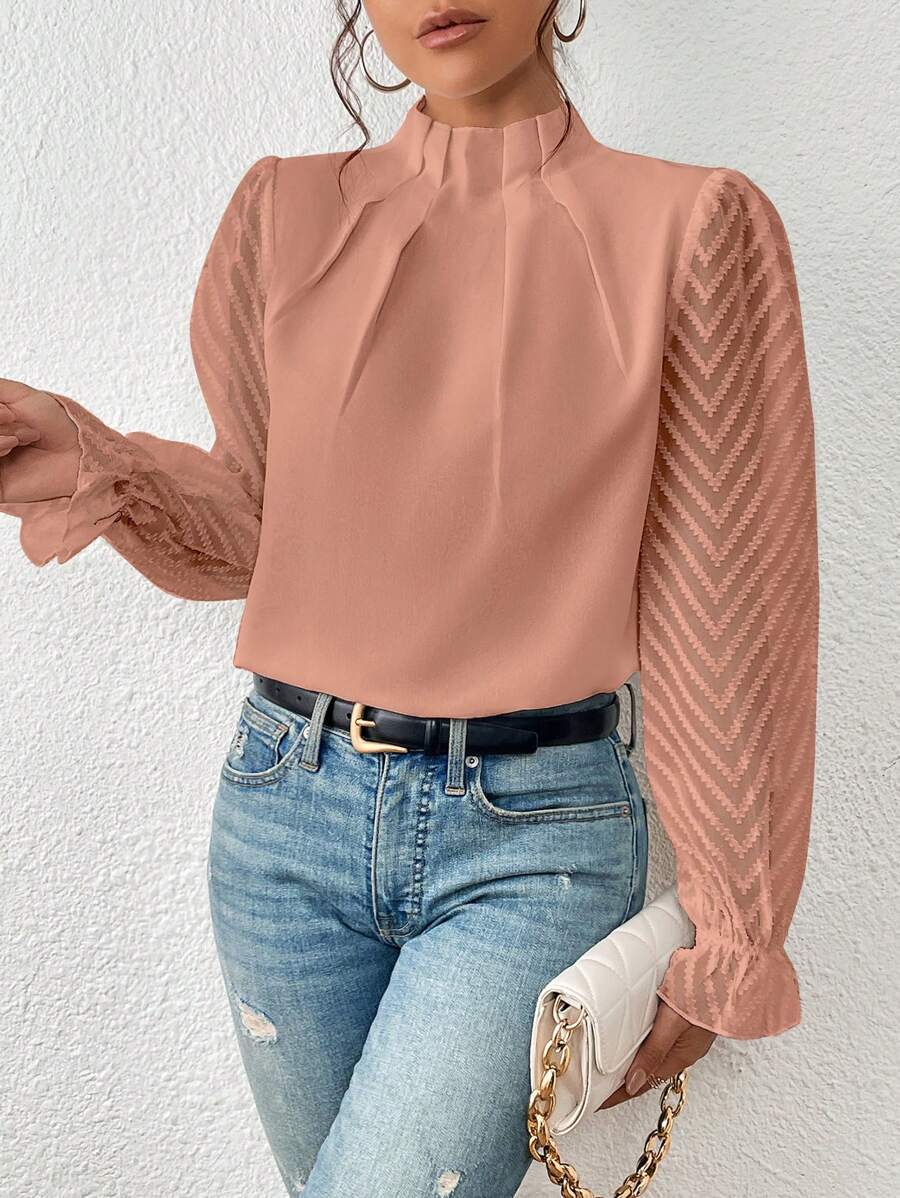 Celeste Women's Elegant Blouse – High Neck Top with Sheer Patterned Sleeves