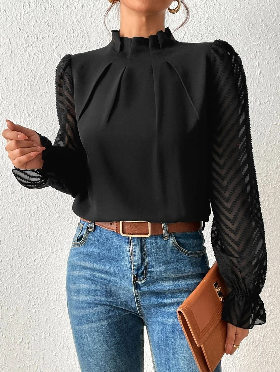 Celeste Women's Elegant Blouse – High Neck Top with Sheer Patterned Sleeves