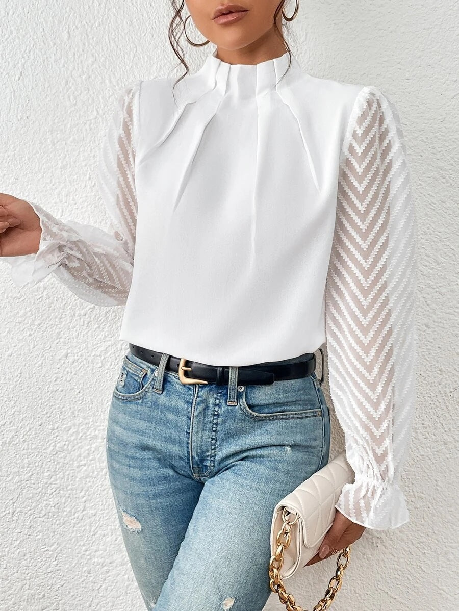 Celeste Women's Elegant Blouse – High Neck Top with Sheer Patterned Sleeves