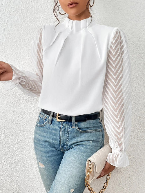 Celeste Women's Elegant Blouse – High Neck Top with Sheer Patterned Sleeves