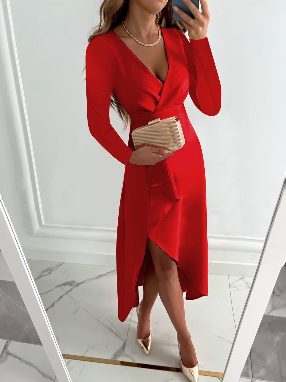Tessa Women’s V-Neck Dress – Elegant Long Sleeve Slim Fit Midi Dress