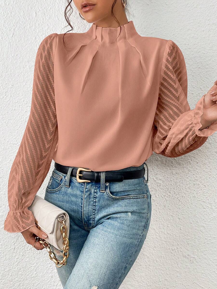 Celeste Women's Elegant Blouse – High Neck Top with Sheer Patterned Sleeves
