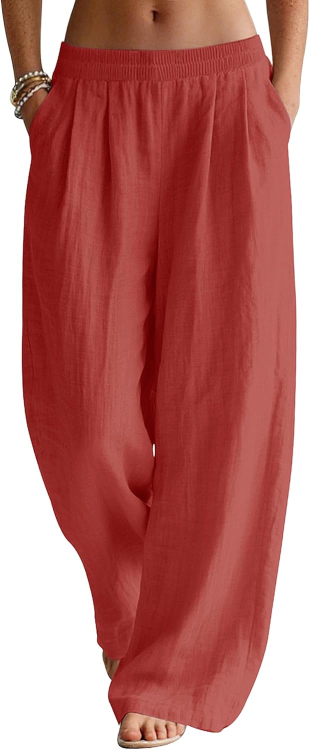 Seraphina Linen Blend Wide Leg Summer Trousers with Elastic Waist and Side Pockets