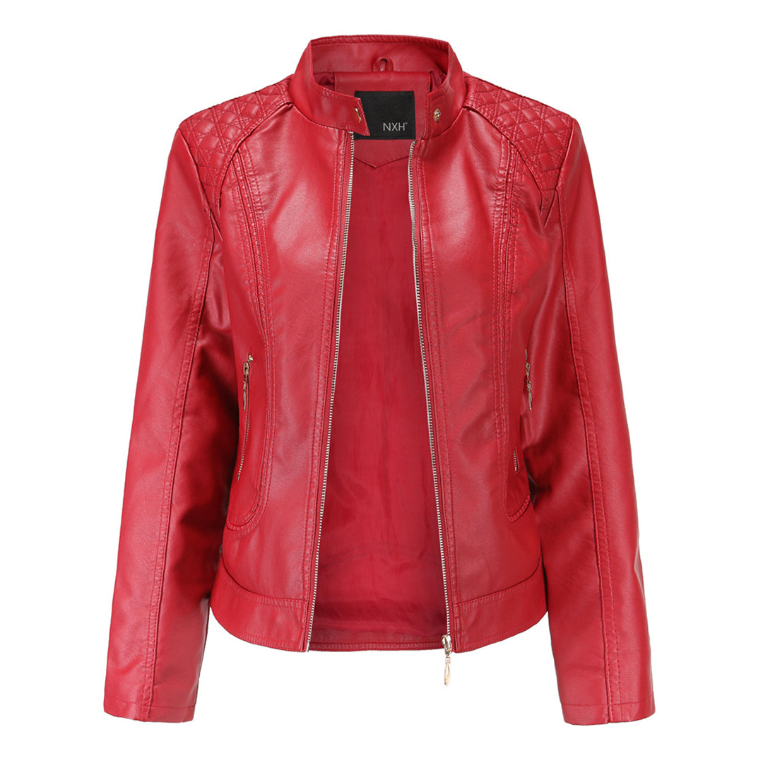 Sienna Women's Genuine Leather Jacket – Stand Collar Moto Jacket with Zip Details & Modern Tailored Fit