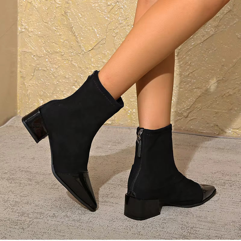 Whitney Ankle Boots for Women – Refined Suede Boots with Patent Accents & Comfy Block Heel