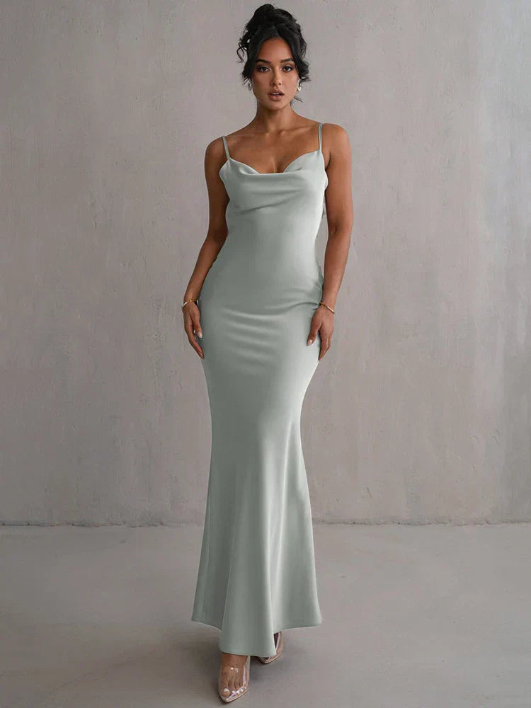 Marie Women’s Satin Evening Dress – Elegant Maxi Gown with Draped Neckline